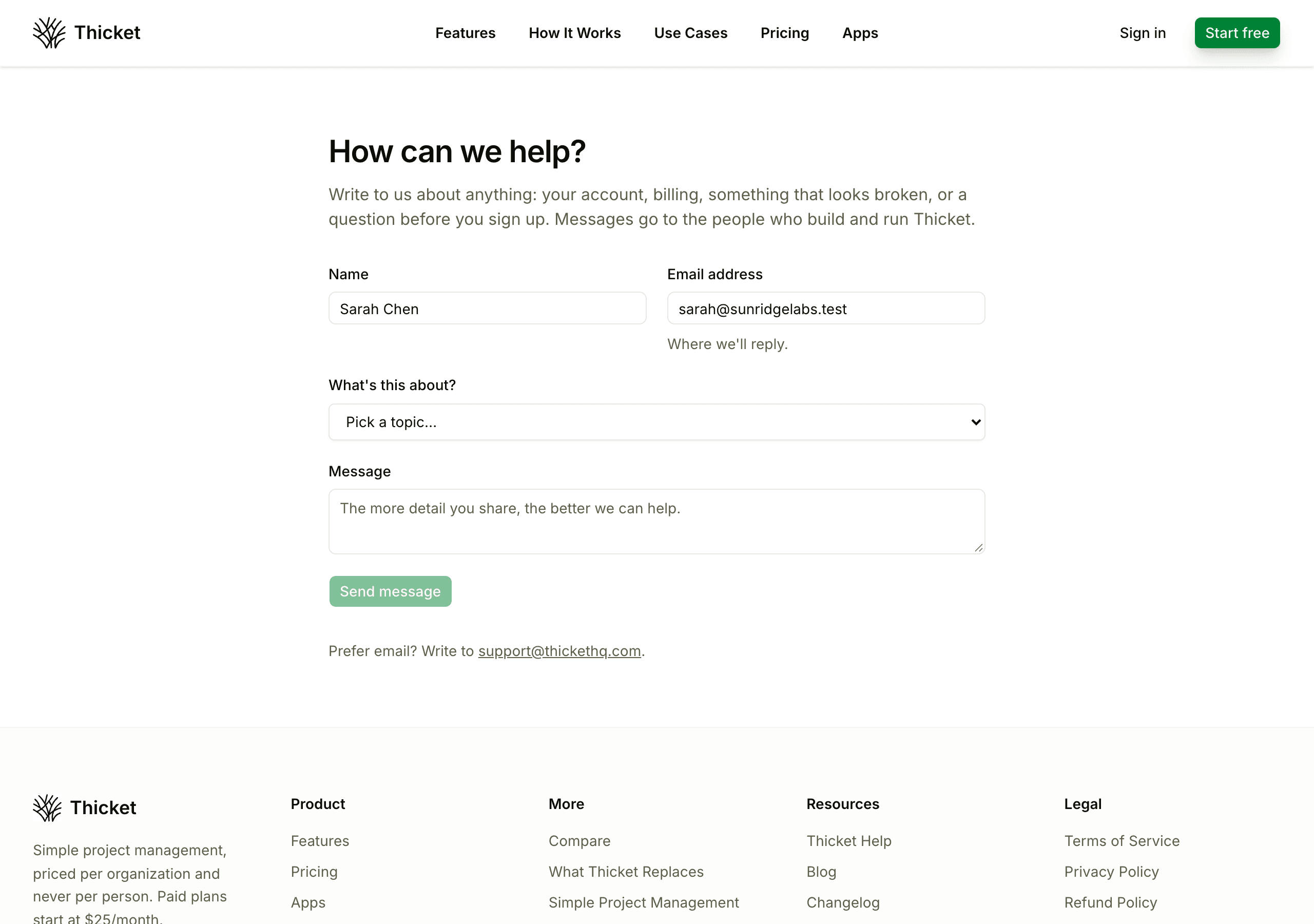 The support page, headed How can we help?, with the Name and Email address fields, the What's this about? topic menu, the Message box, and the Send message button