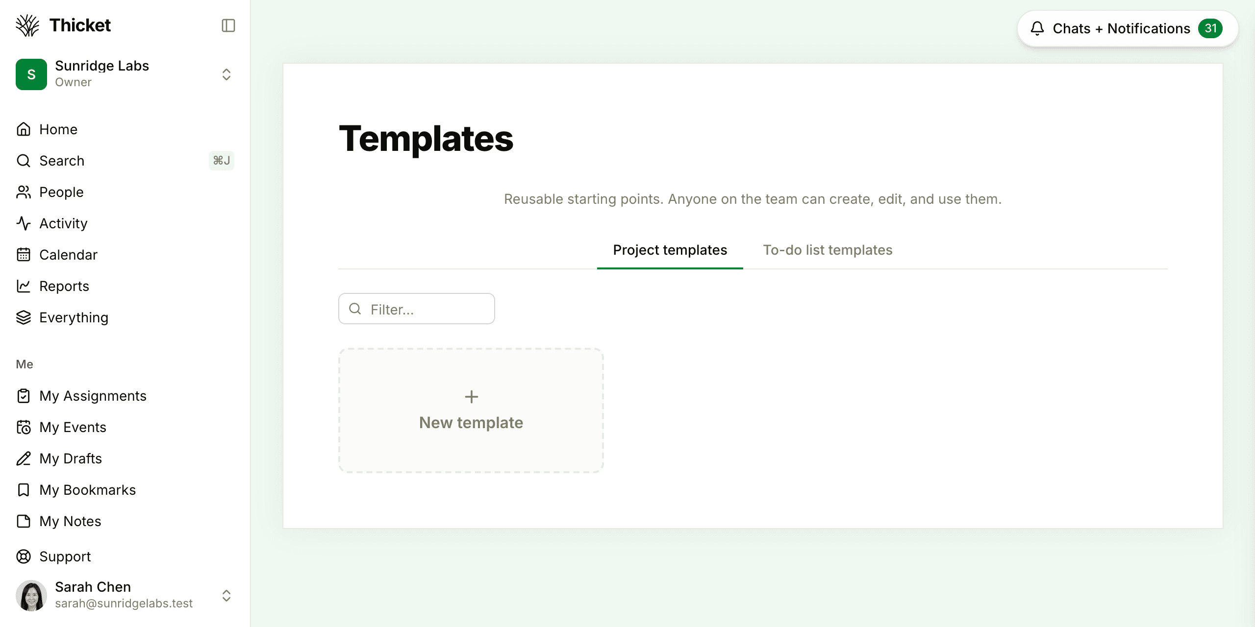 The Templates page, with tabs for Project templates and To-do list templates and a New template tile.