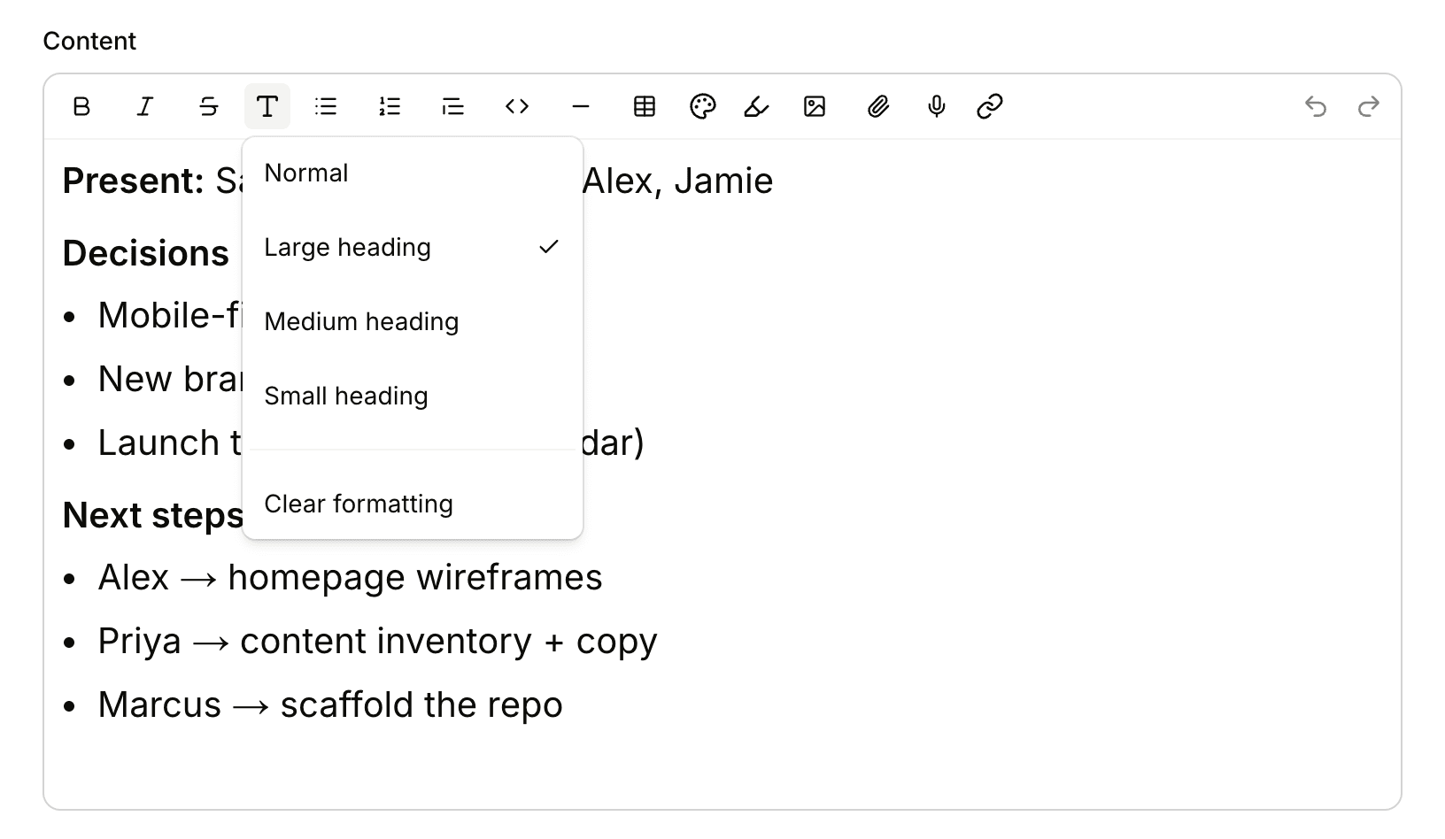 The Text styles menu open in a doc, listing Normal, Large heading, Medium heading, Small heading and Clear formatting, with Large heading ticked