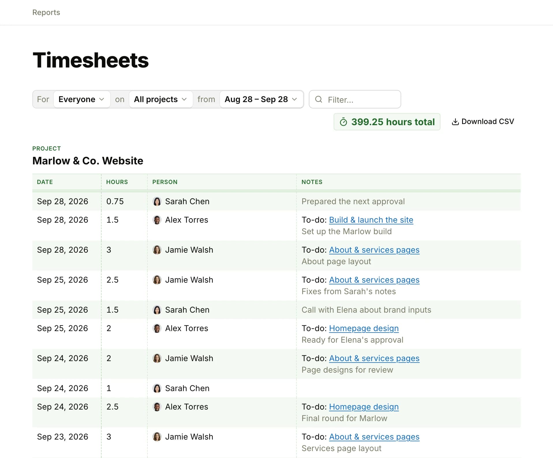 The Timesheets report: the filters For Everyone on All projects from a date range, a Filter box, a 399.25 hours total pill and Download CSV, then one project's entries