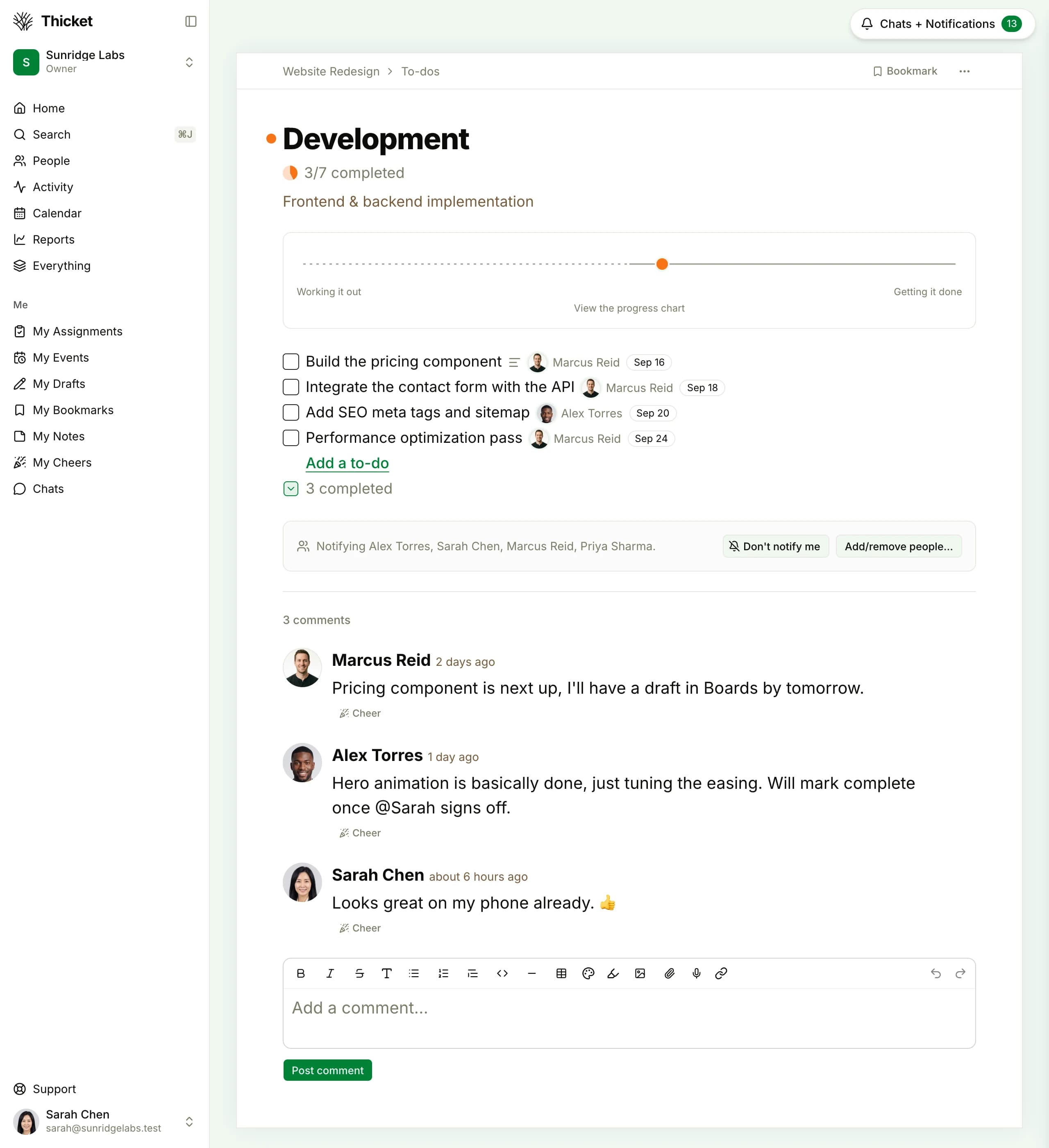 Thicket task list showing assignments, due dates, and completion tracking