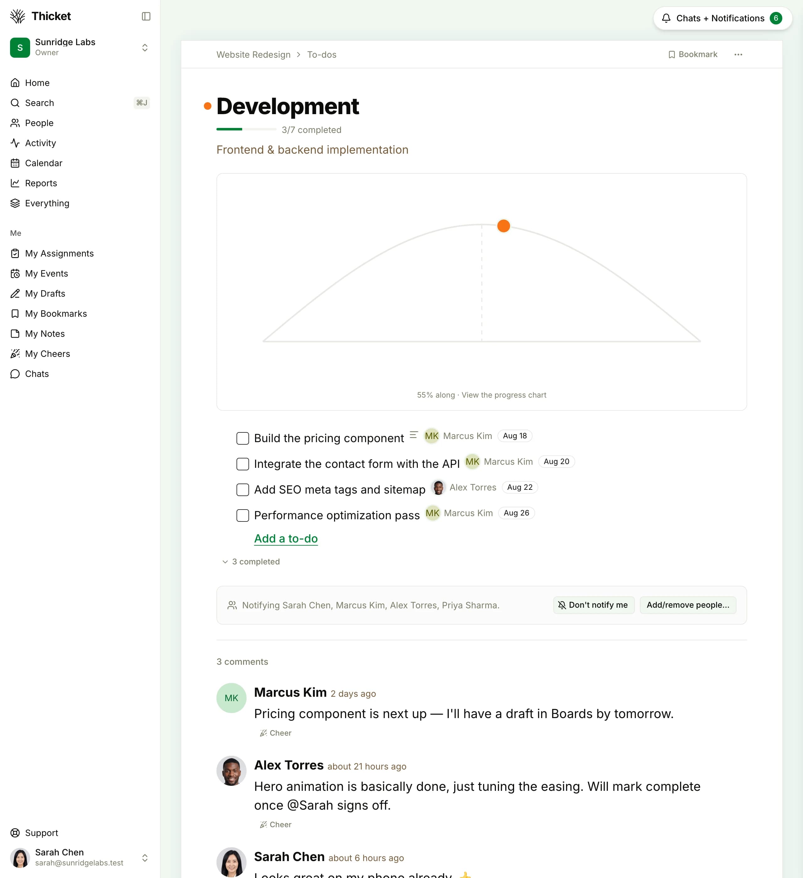 Thicket task list showing assignments, due dates, and completion tracking