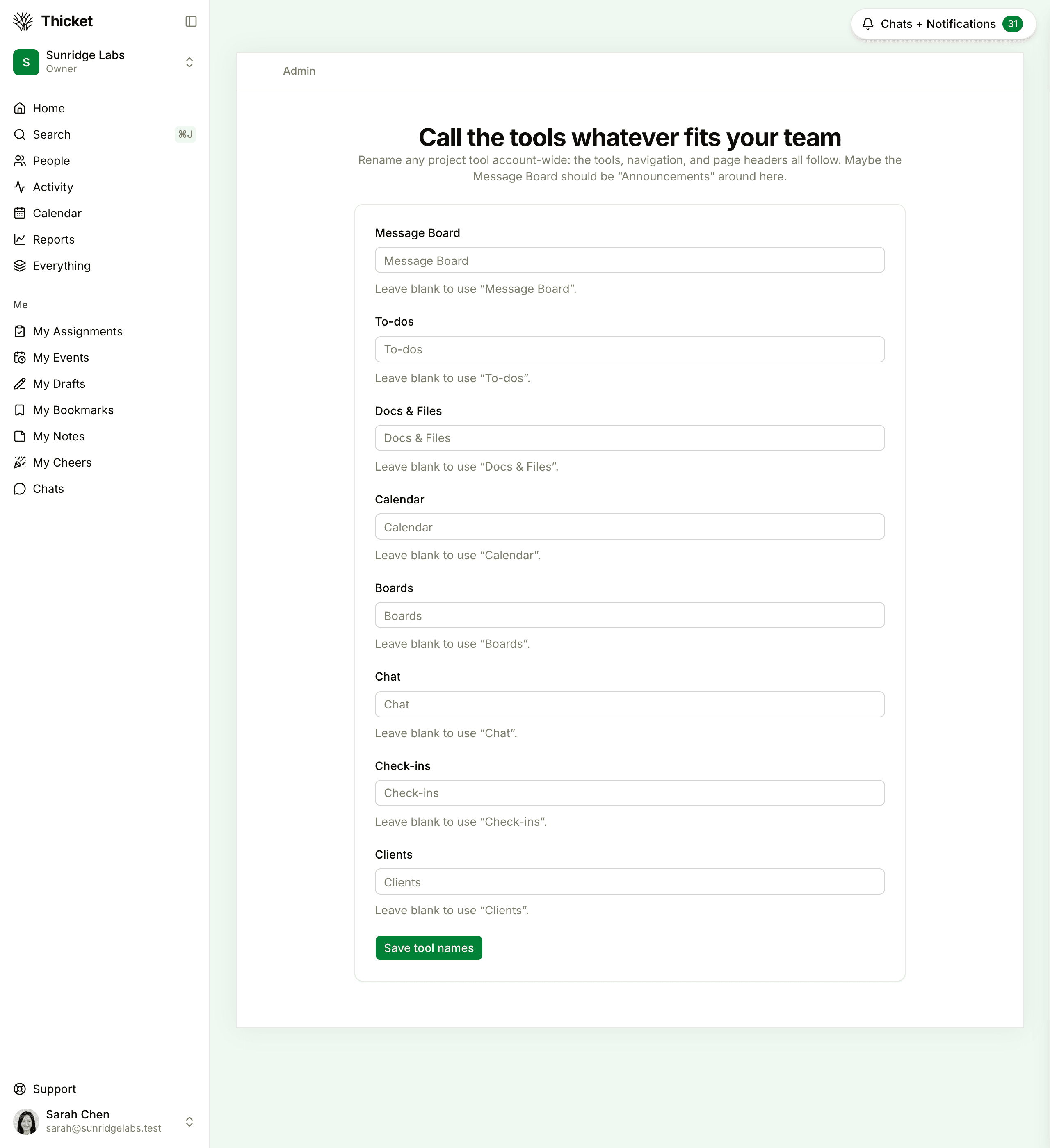 The Rename project tools page, with a field for each project tool, such as Message Board and To-dos, and a Save tool names button