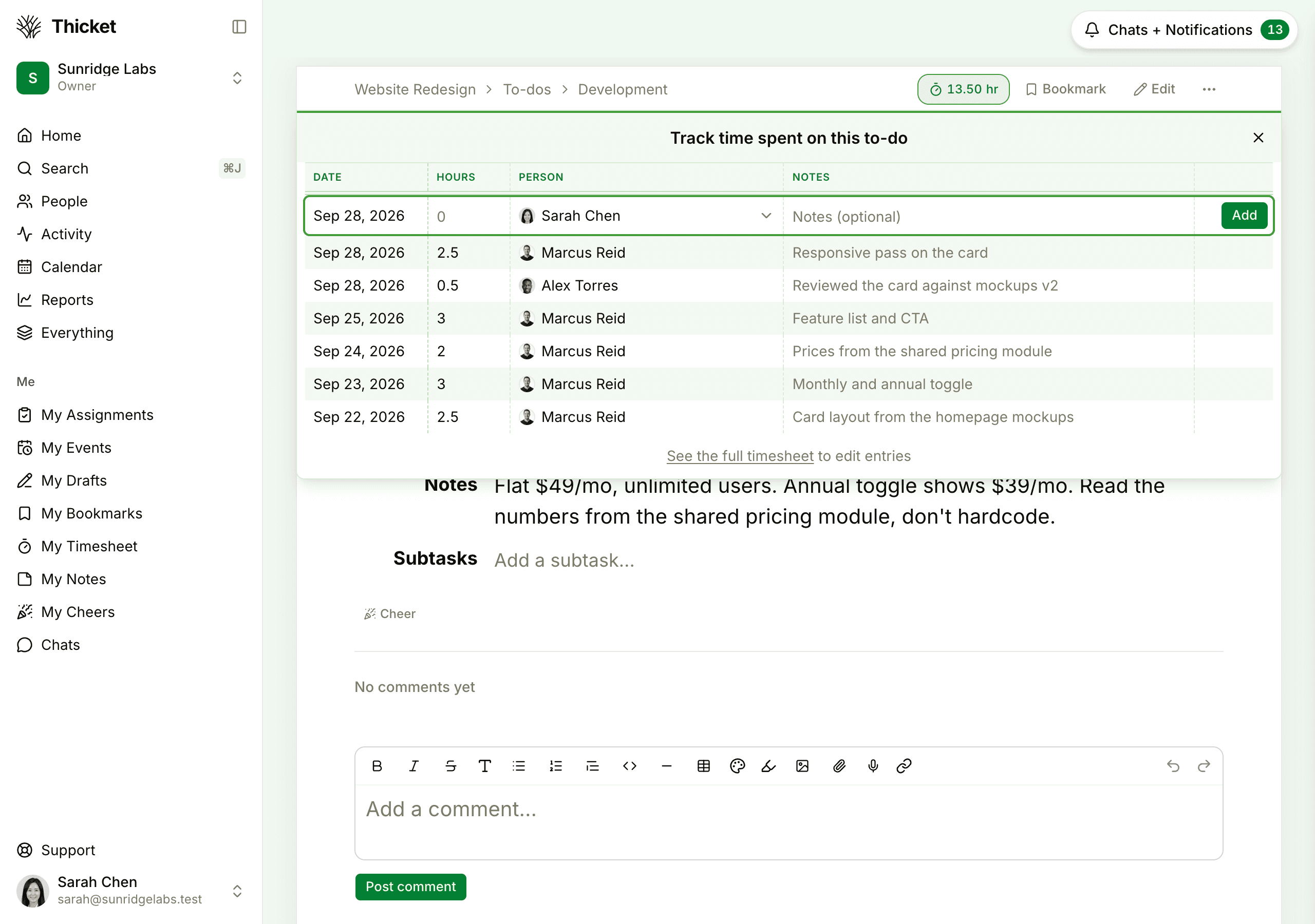 The Track time spent on this to-do panel open below the to-do's ⏱ badge, with a row for the date, hours, person and notes and an Add button, above the newest entries and a See the full timesheet link