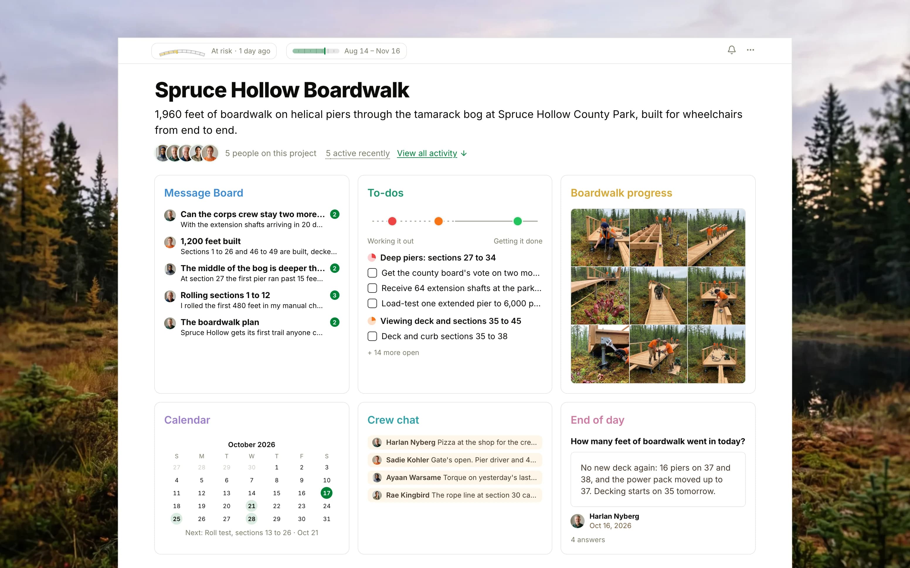 The Spruce Hollow Boardwalk project in Thicket over a photograph of a misty tamarack bog at dawn: the health flag reading At risk, the project dates and five people, then six cards: the Message Board with the question about keeping the corps crew on top, To-dos with three lists on the progress chart, Boardwalk progress as nine photographs of a wooden boardwalk going in across the moss on steel piers, the Calendar with the roll test and the county board meeting, Crew chat with the morning's first messages, and End of day check-ins with the feet built each afternoon.