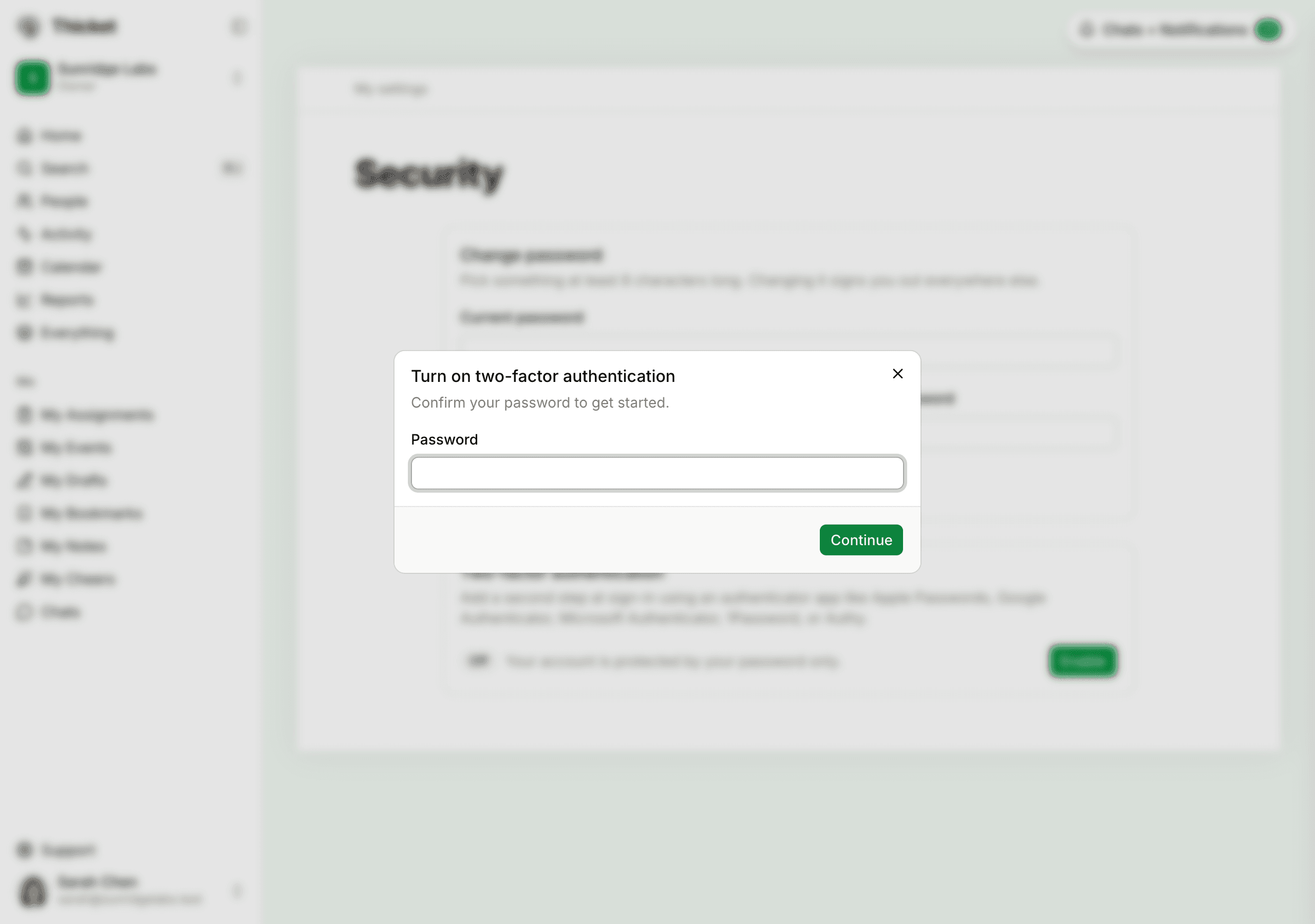 The Turn on two-factor authentication dialog, asking you to confirm your password before setup continues