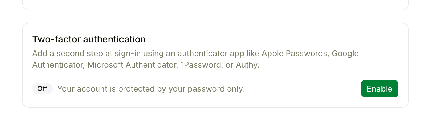 The Two-factor authentication section of the Security page, showing it Off with an Enable button