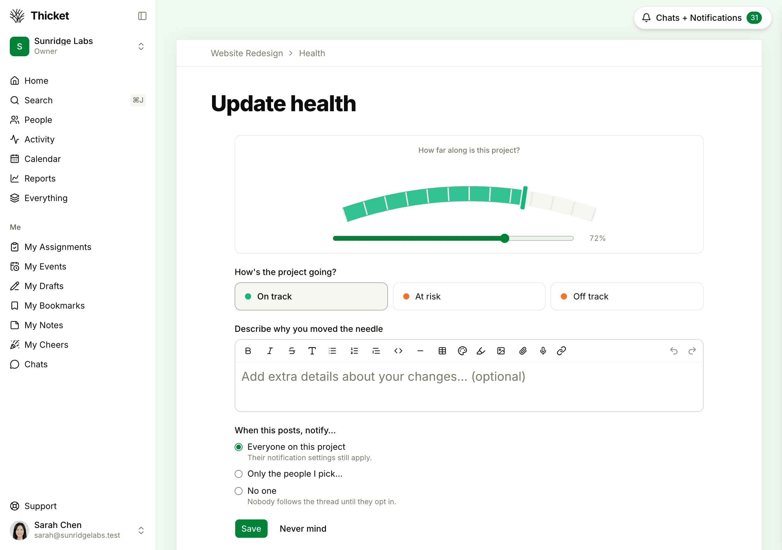 The Update health form, with the gauge and its slider, the On track, At risk, and Off track choices, a note box, and the notify choices