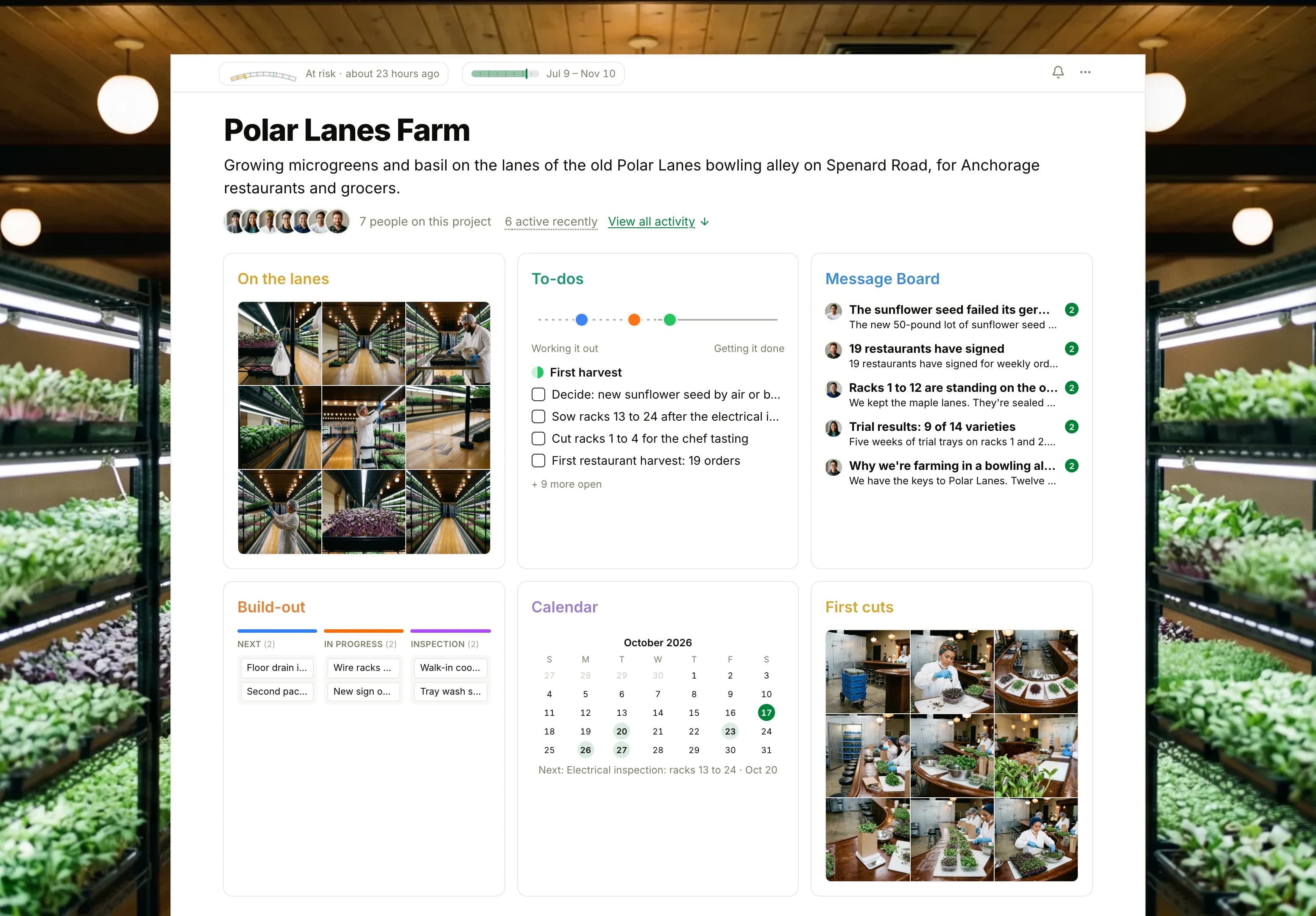 The Polar Lanes Farm project in Thicket over a photograph of grow racks on the maple lanes of a converted bowling alley: the health flag reading At risk, the date tracker near its end and seven people, then six cards: On the lanes as nine photographs of microgreens and basil on racks over the old lanes, To-dos with three lists on the progress chart, the Message Board with the failed sunflower seed on top, the Build-out board with cards in Next, In progress and Inspection, the Calendar with the electrical inspection and the chef tasting, and First cuts as nine photographs of a test pack run in the old bar.