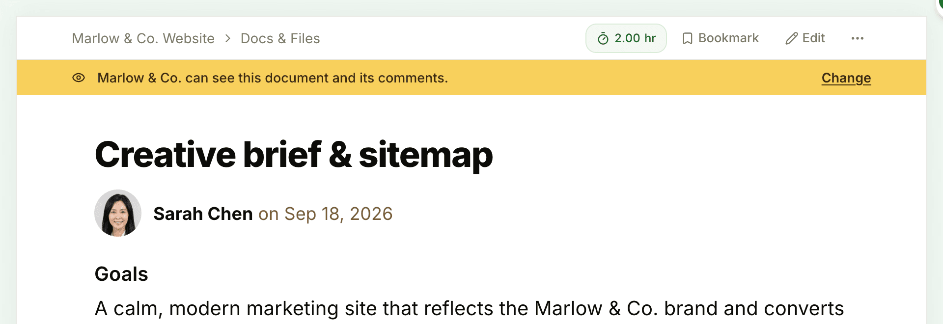 A doc in a client project, with the marigold band under the title bar reading Marlow & Co. can see this document and its comments, and Change at its right