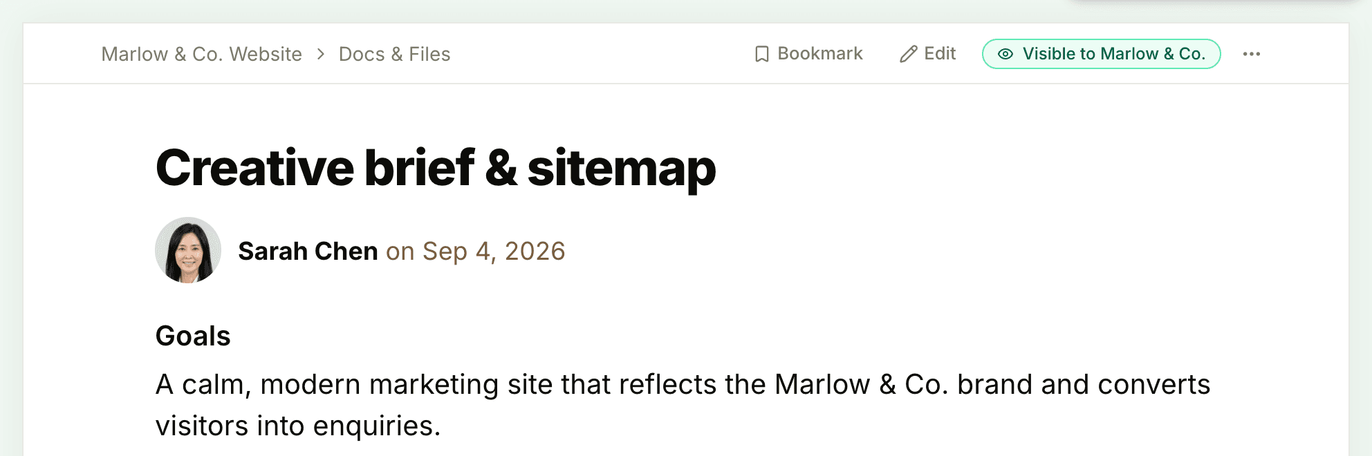A doc in a client project, with the Visible to Marlow & Co. flag at the top of the page beside Bookmark and Edit