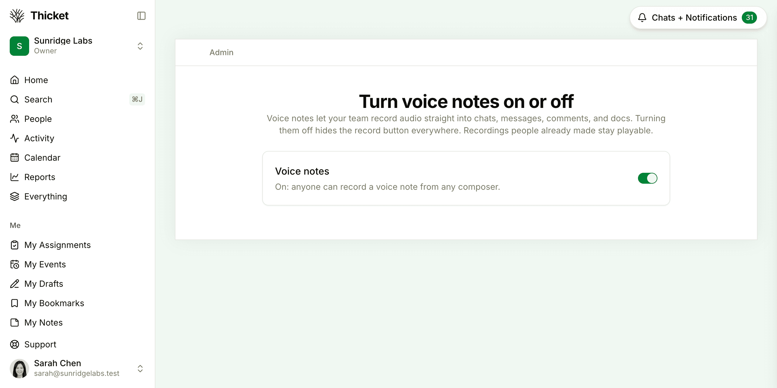 The Voice notes page in Admin, headed Turn voice notes on or off, with the switch that shows or hides the record button for everyone