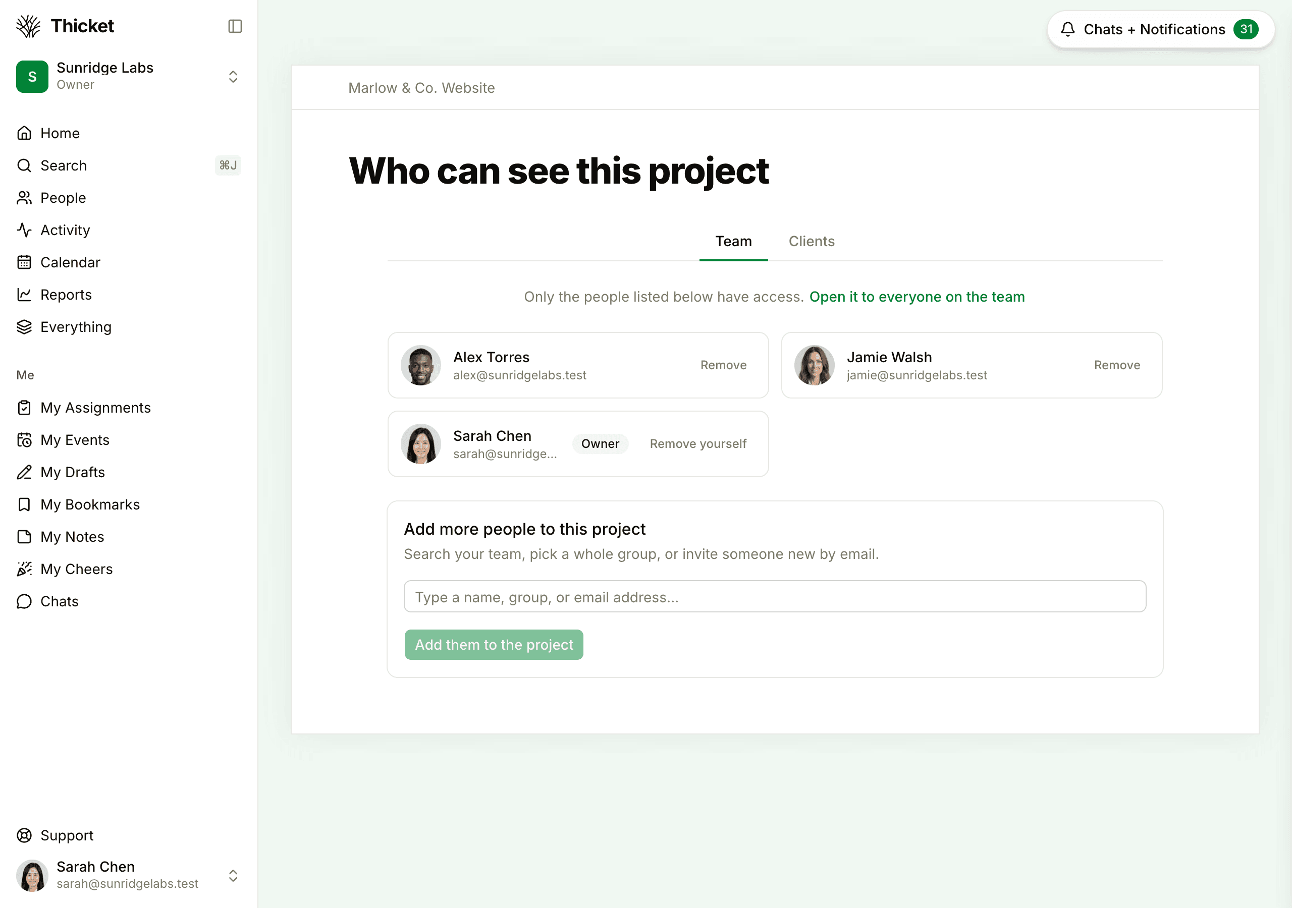 The Who can see this project page for the Marlow & Co. Website project: the Team tab, the invite-only line, the three teammates on the project, and the Add more people to this project box