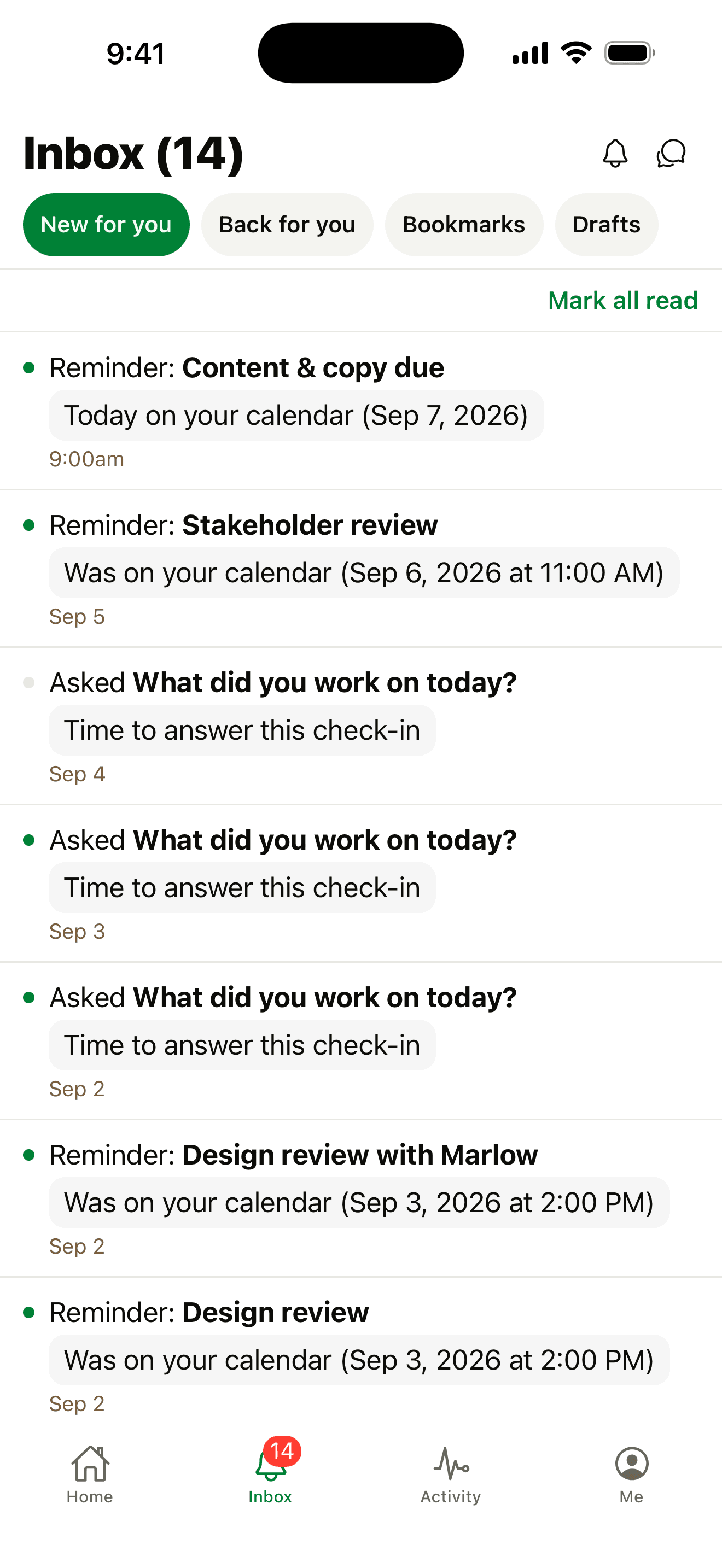 Thicket Inbox on iPhone with reminders and check-ins, plus tabs for bookmarks and drafts