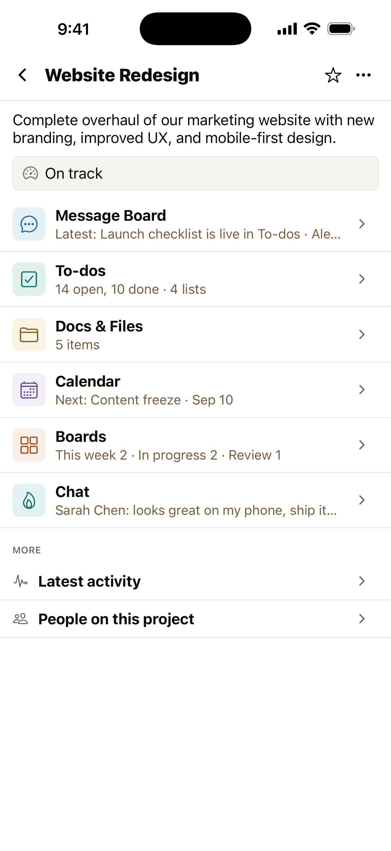 Thicket for iPhone showing a project's messages, to-dos, files, calendar, boards, and chat