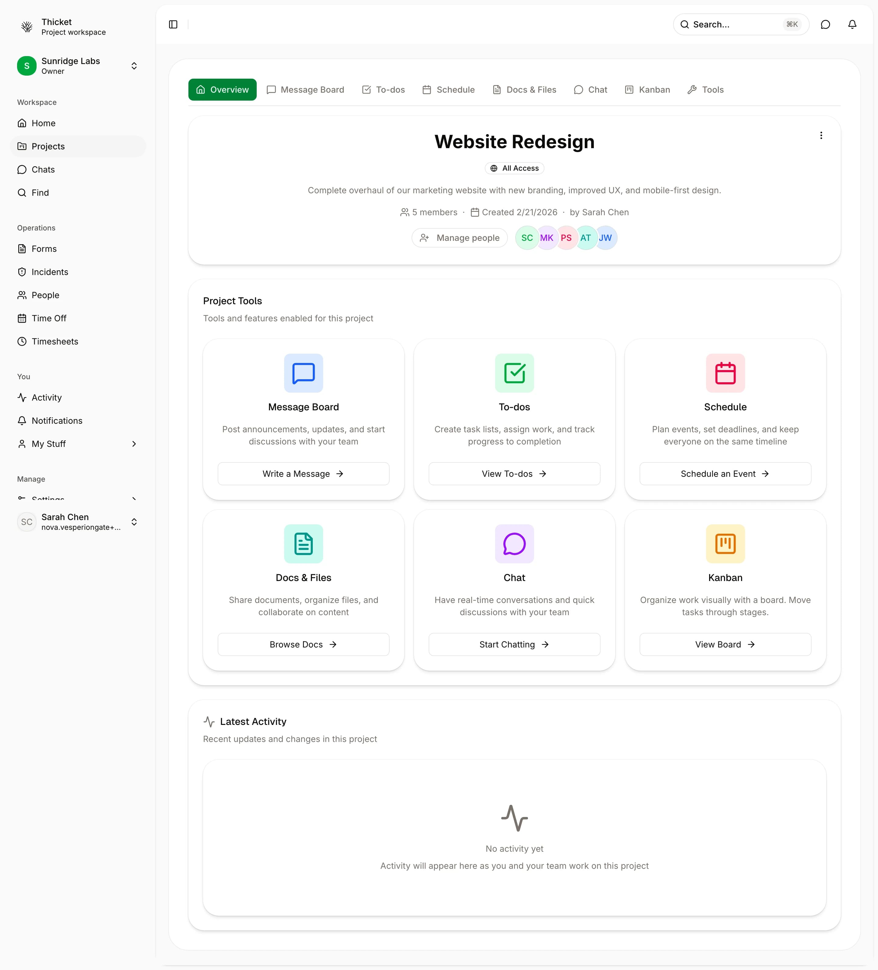 Thicket project overview — task lists, discussions, and files in one workspace