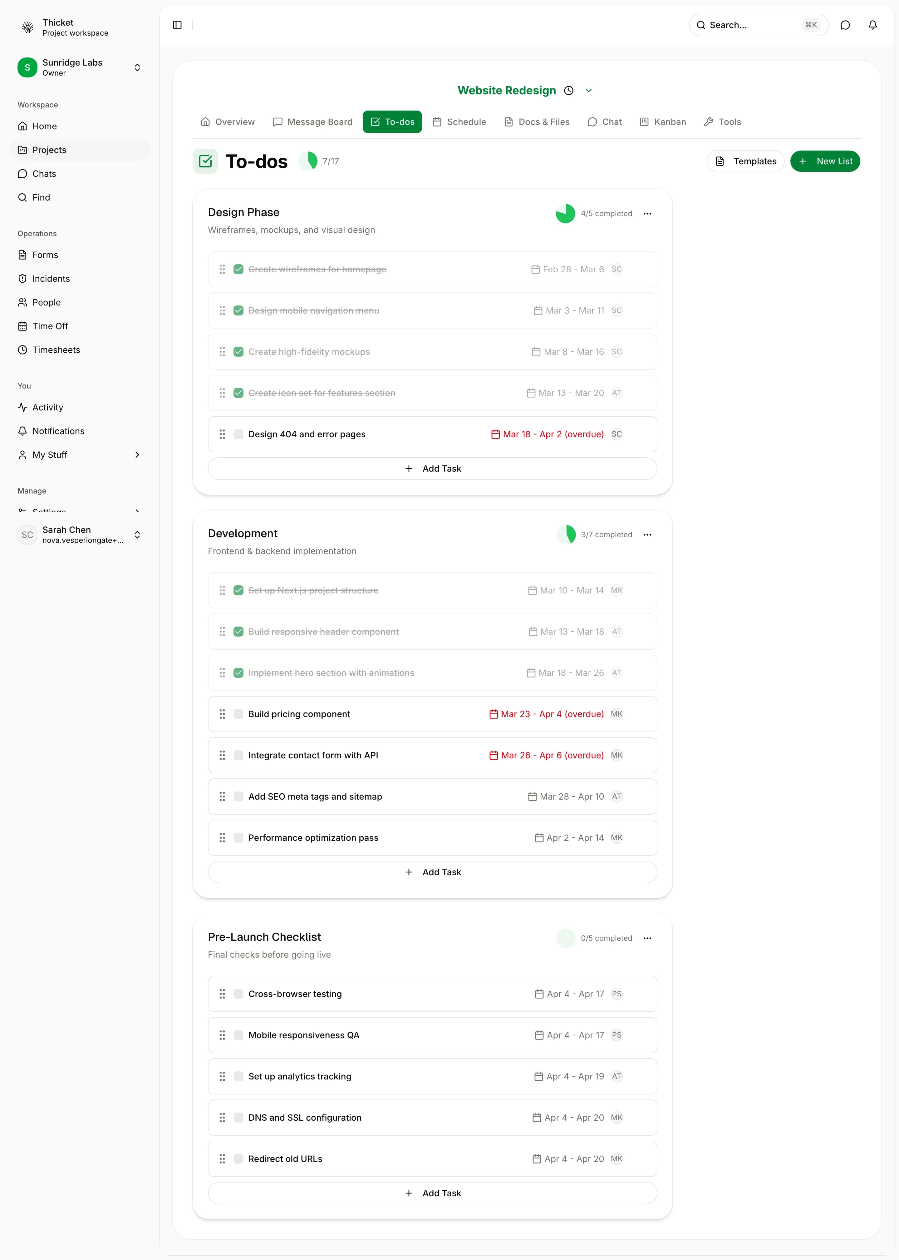 Thicket task list with due dates, assignments, and status tracking