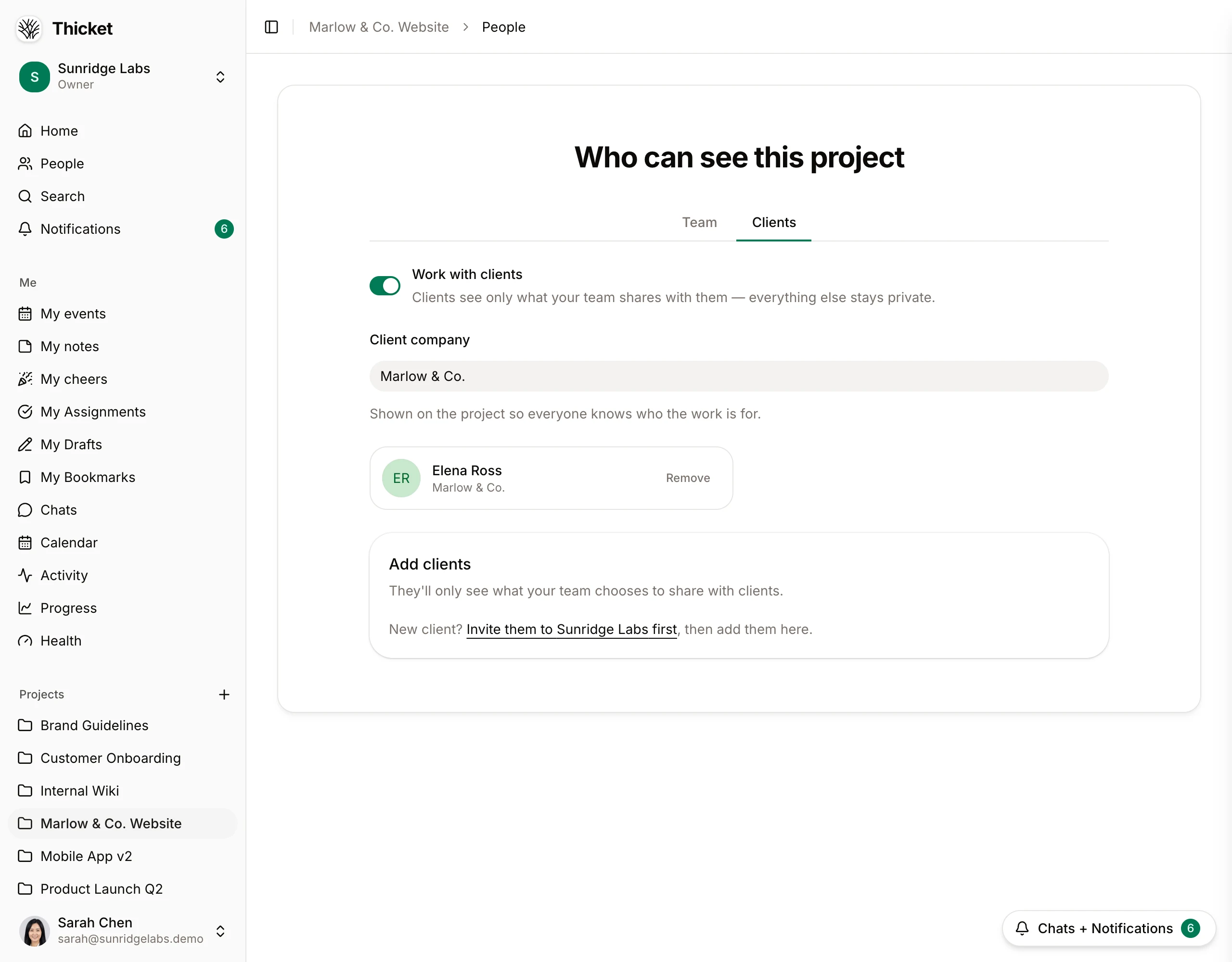 The Clients tab on a Thicket project's People page — the Work with clients switch turned on, the client company name on the project, the invited client listed, and the panel for adding more clients.