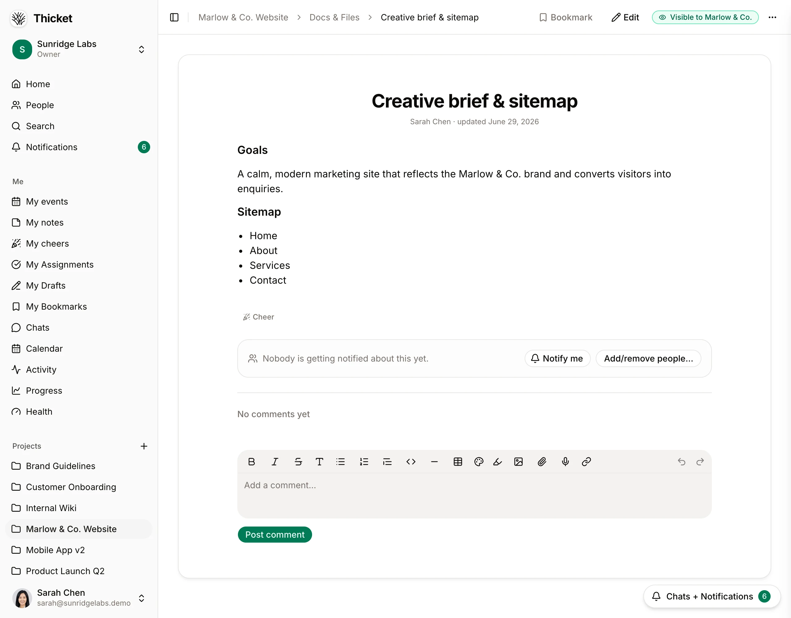 A shared deliverable in Thicket as the team sees it — the page header carries a visibility flag reading 'Visible to Marlow & Co.', showing at a glance that the client can see this document; clicking the flag changes who's allowed to see it.