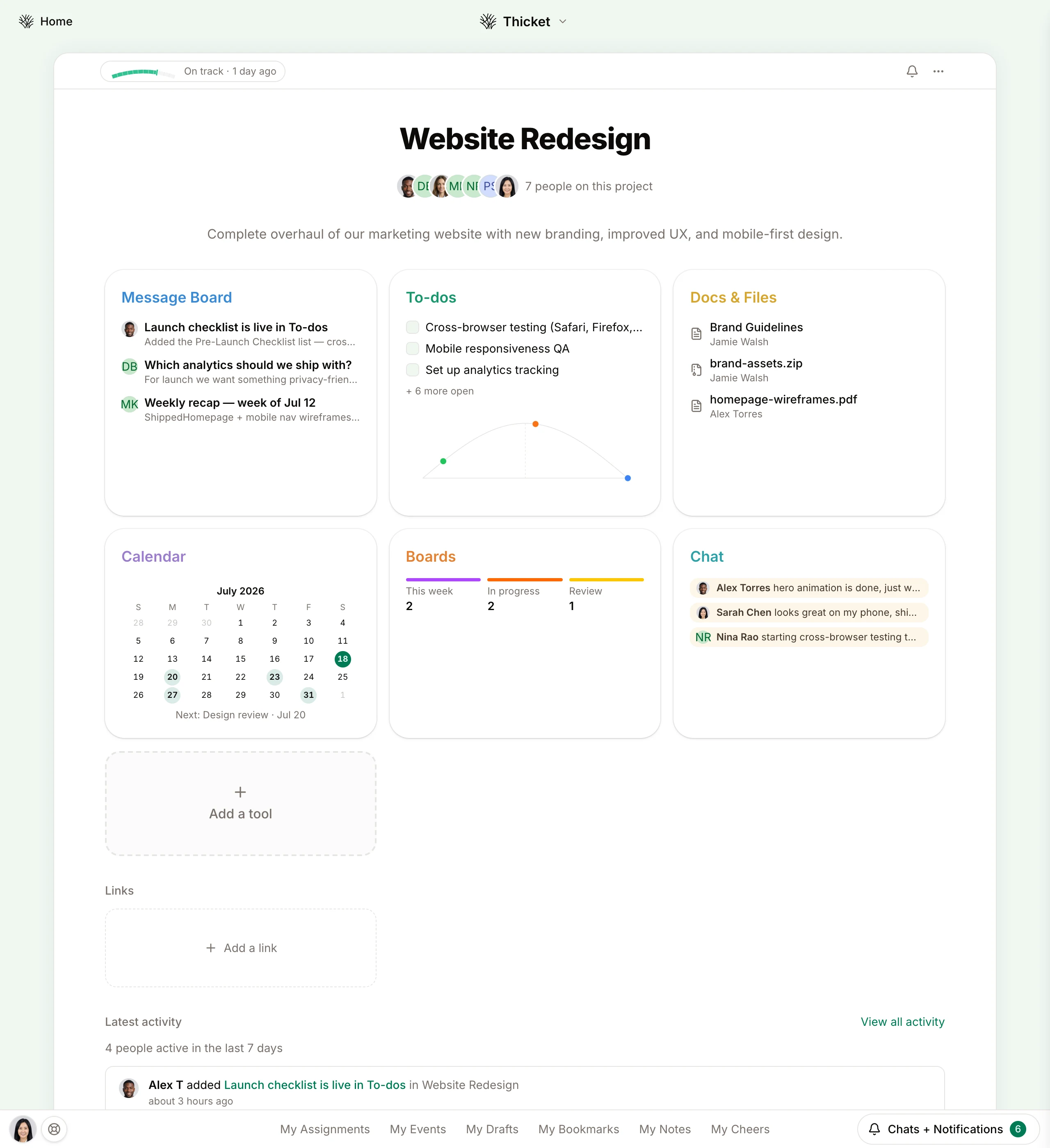 Thicket client project overview — message board, task lists, schedule, docs, files, and activity for a single agency engagement