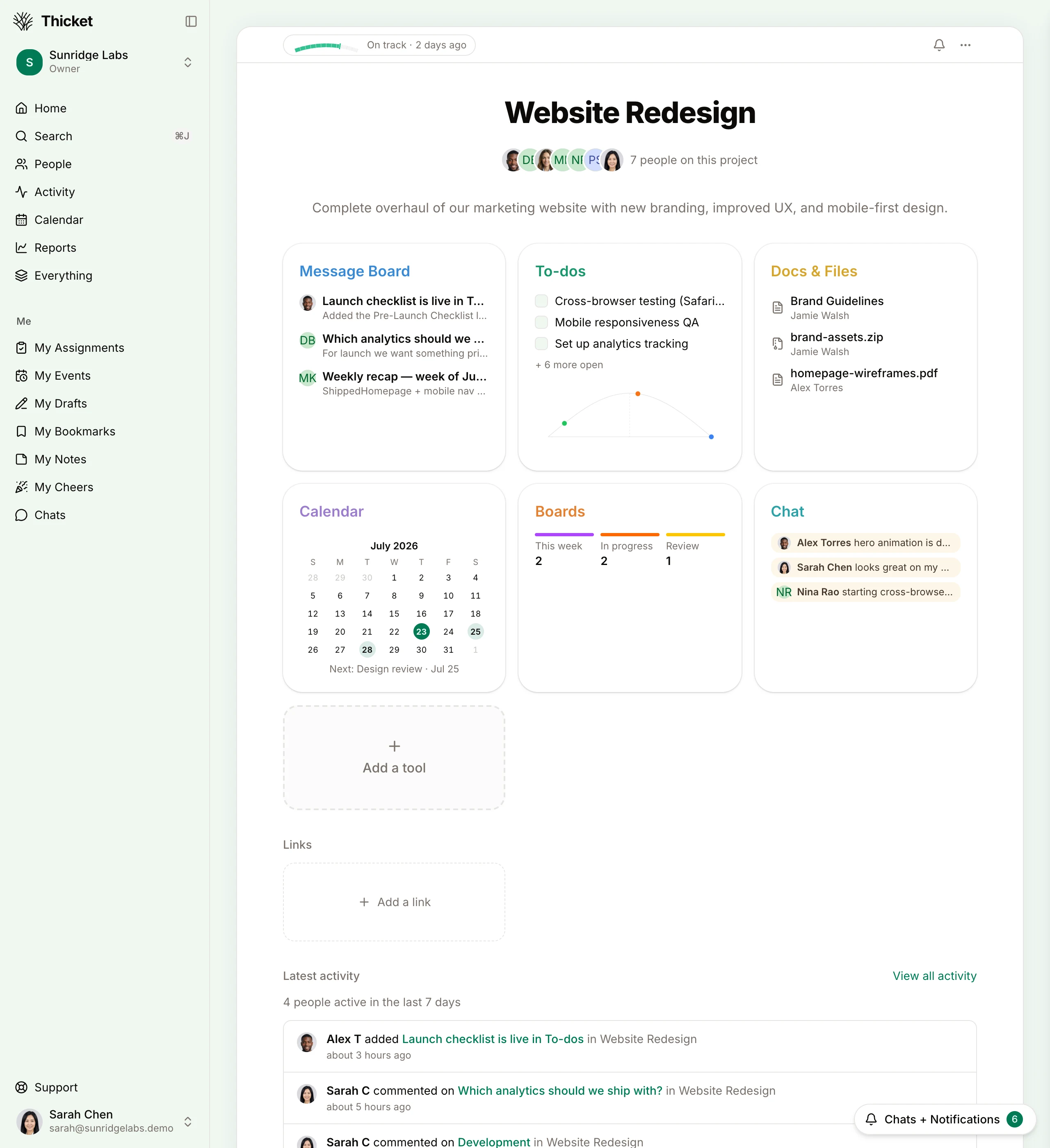 Thicket project overview — message board, to-dos, schedule, docs, files, and boards in one workspace