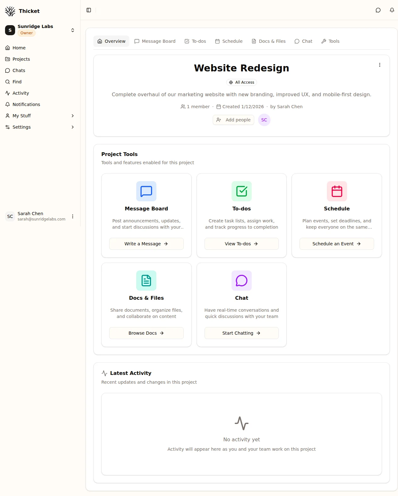Thicket project overview with message board, to-dos, schedule, docs, files, chat tools and real-time activity feed