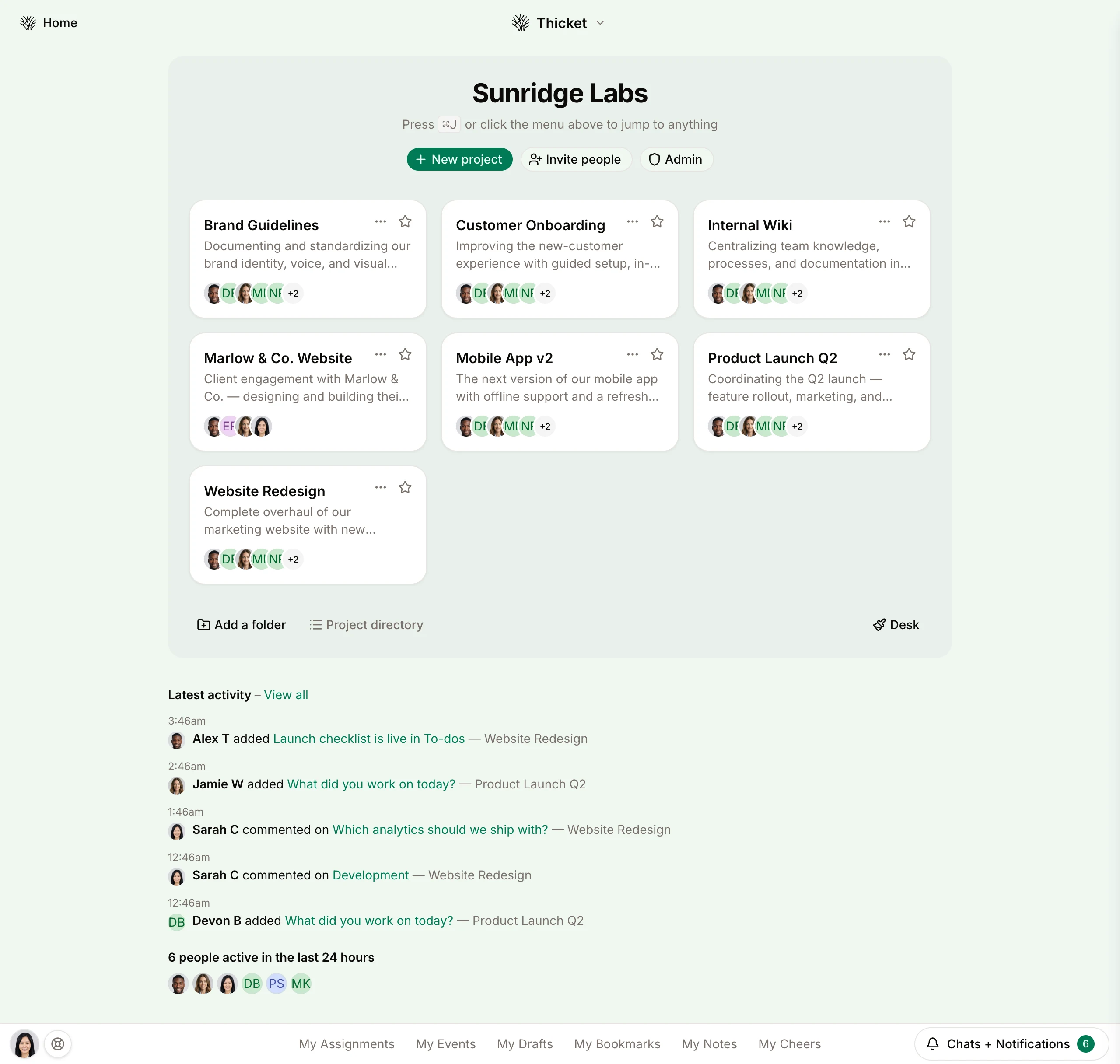 Thicket projects grid used as an agency client roster — one project per client engagement, with members, status, and recent activity visible at a glance