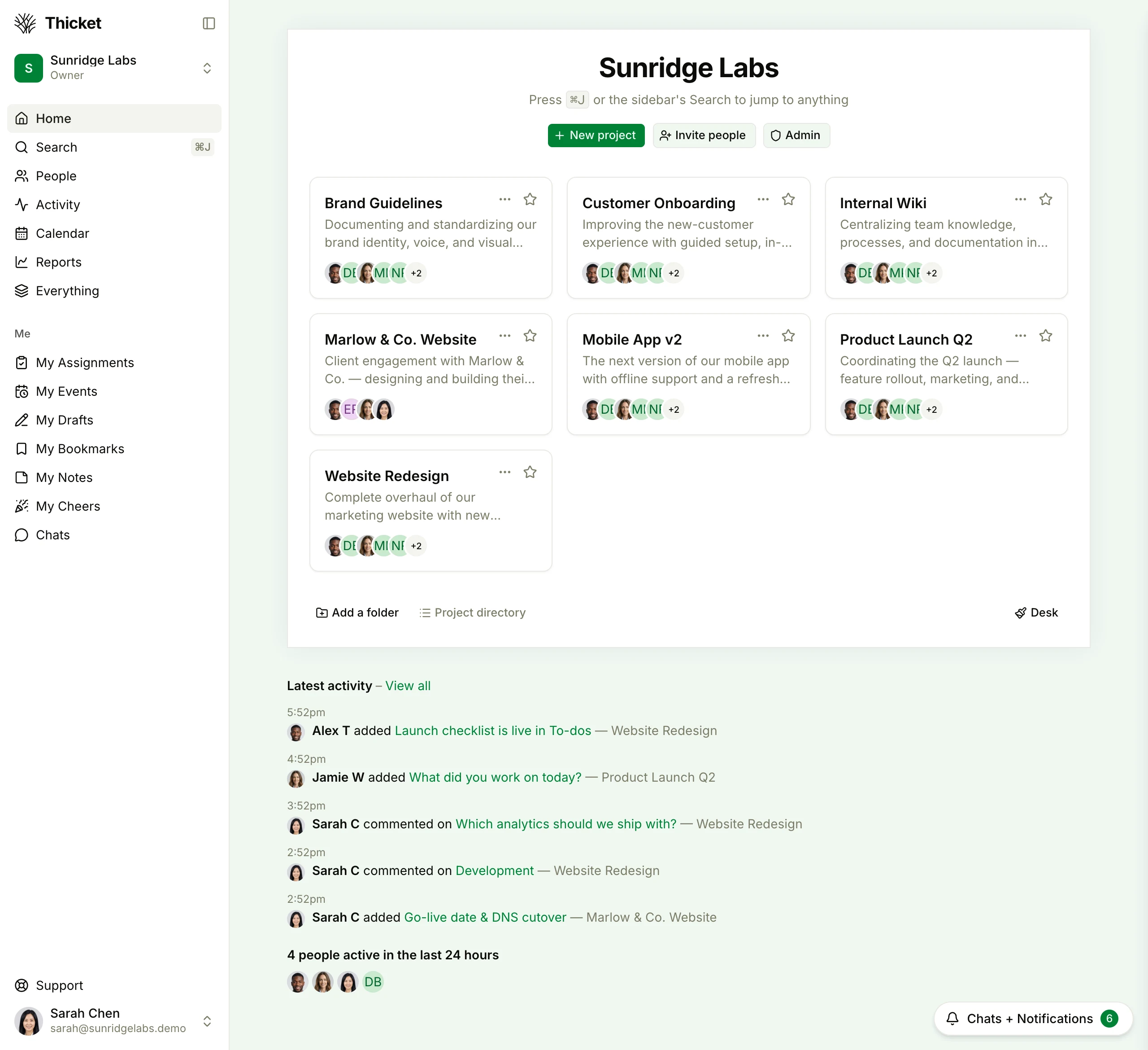 Thicket's projects screen showing a small business's projects side by side, each as a card with its name, description, and team