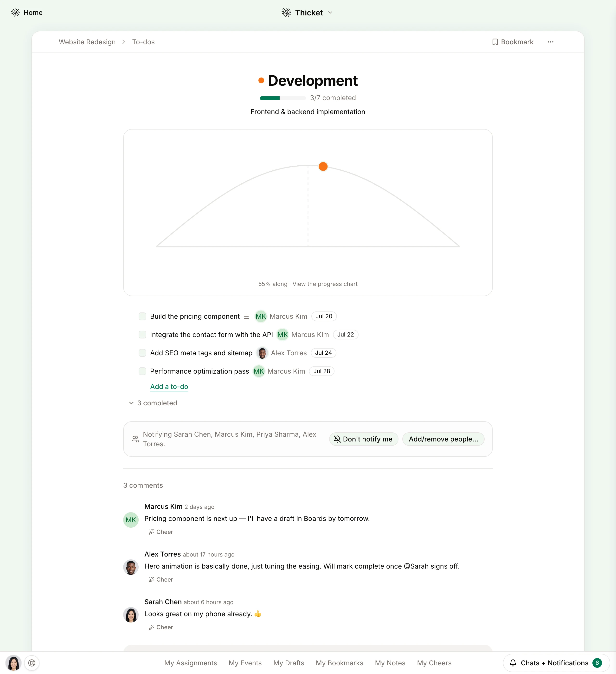 Thicket task list showing assignments, due dates, and completion tracking for an agency client project