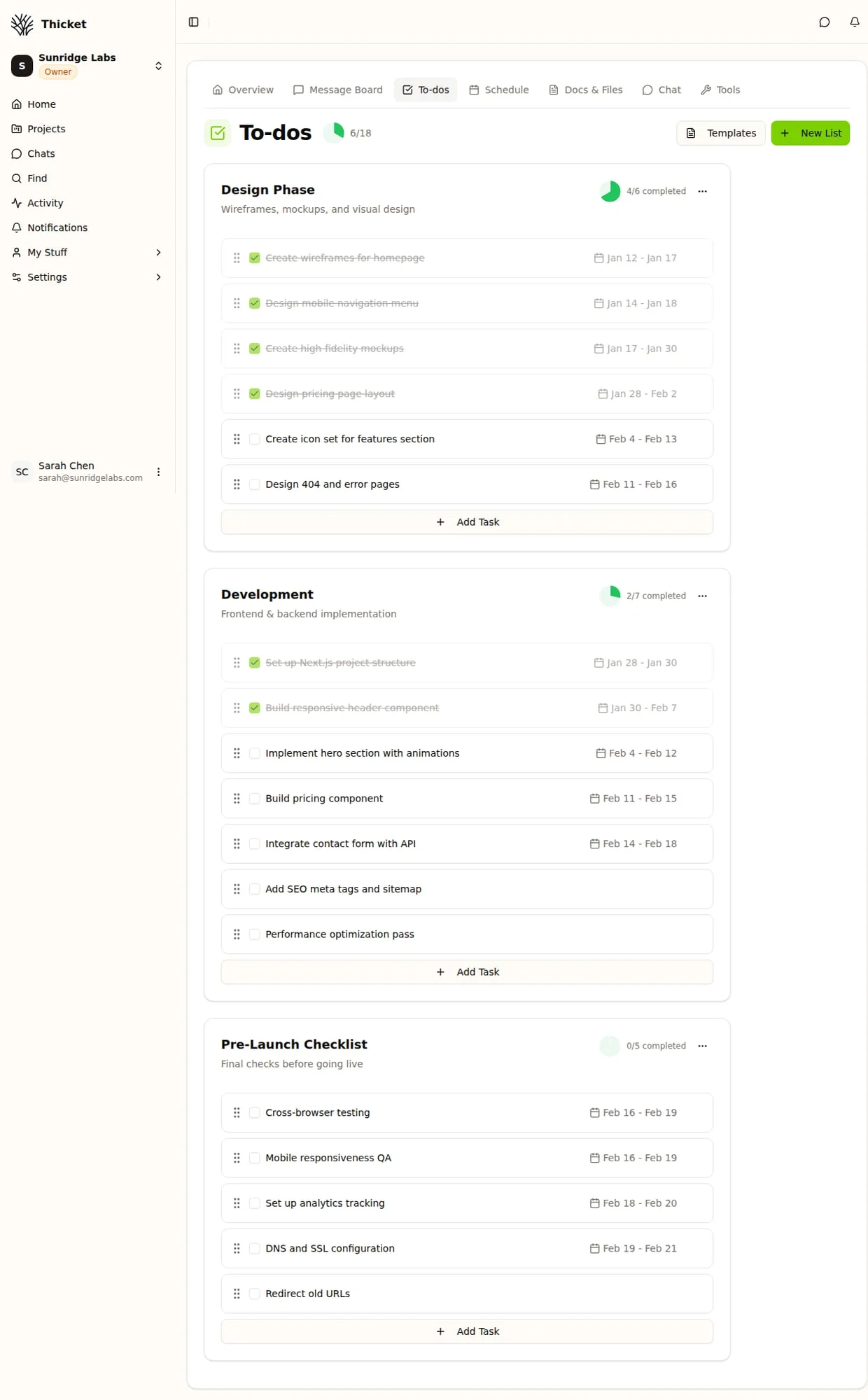 Thicket task management view with task lists, completion tracking, due dates, assignments, and overdue indicators